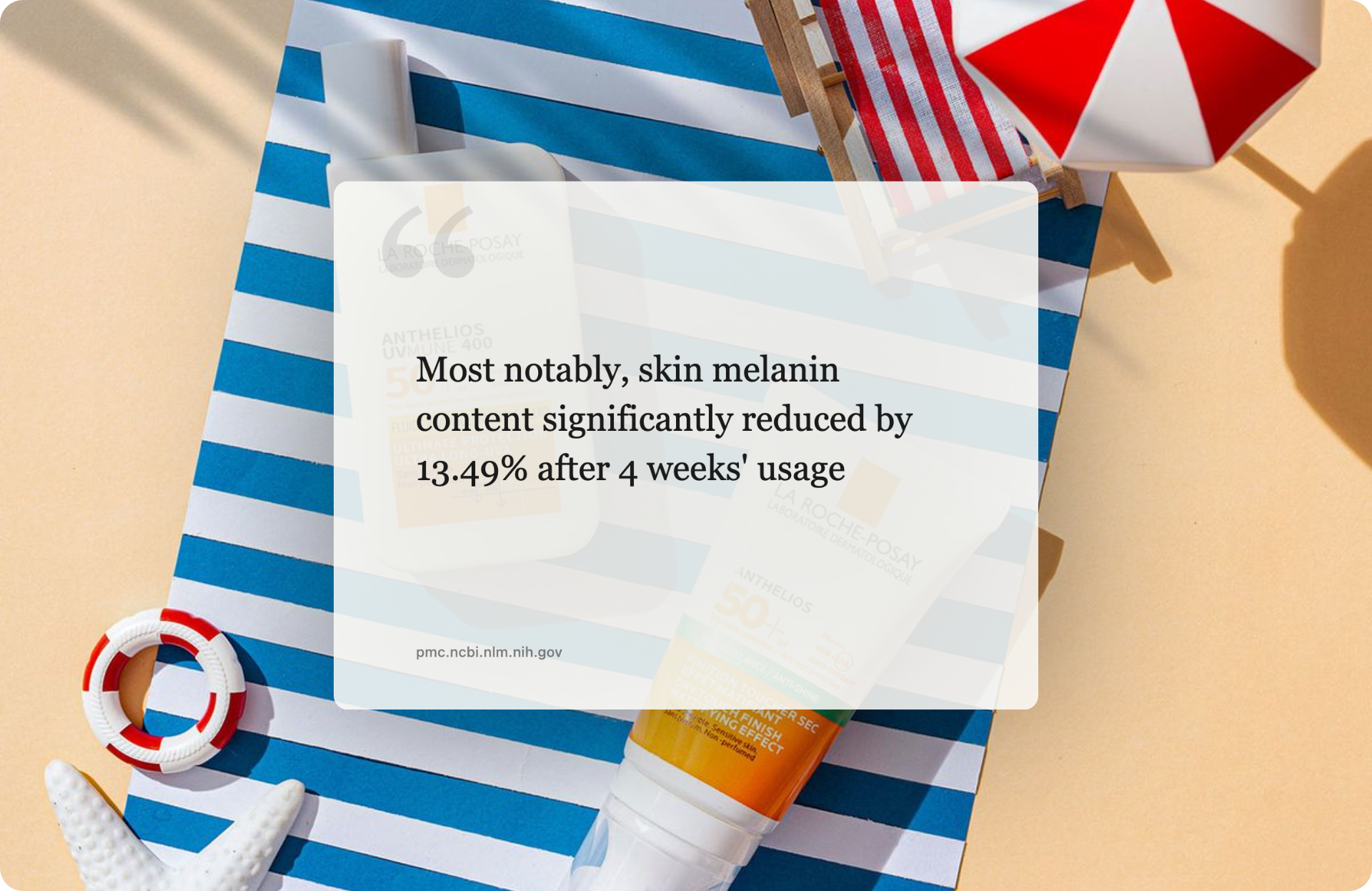 Quote card citing a melanin-reduction stat from PubMed over a sunny beach-towel photo.