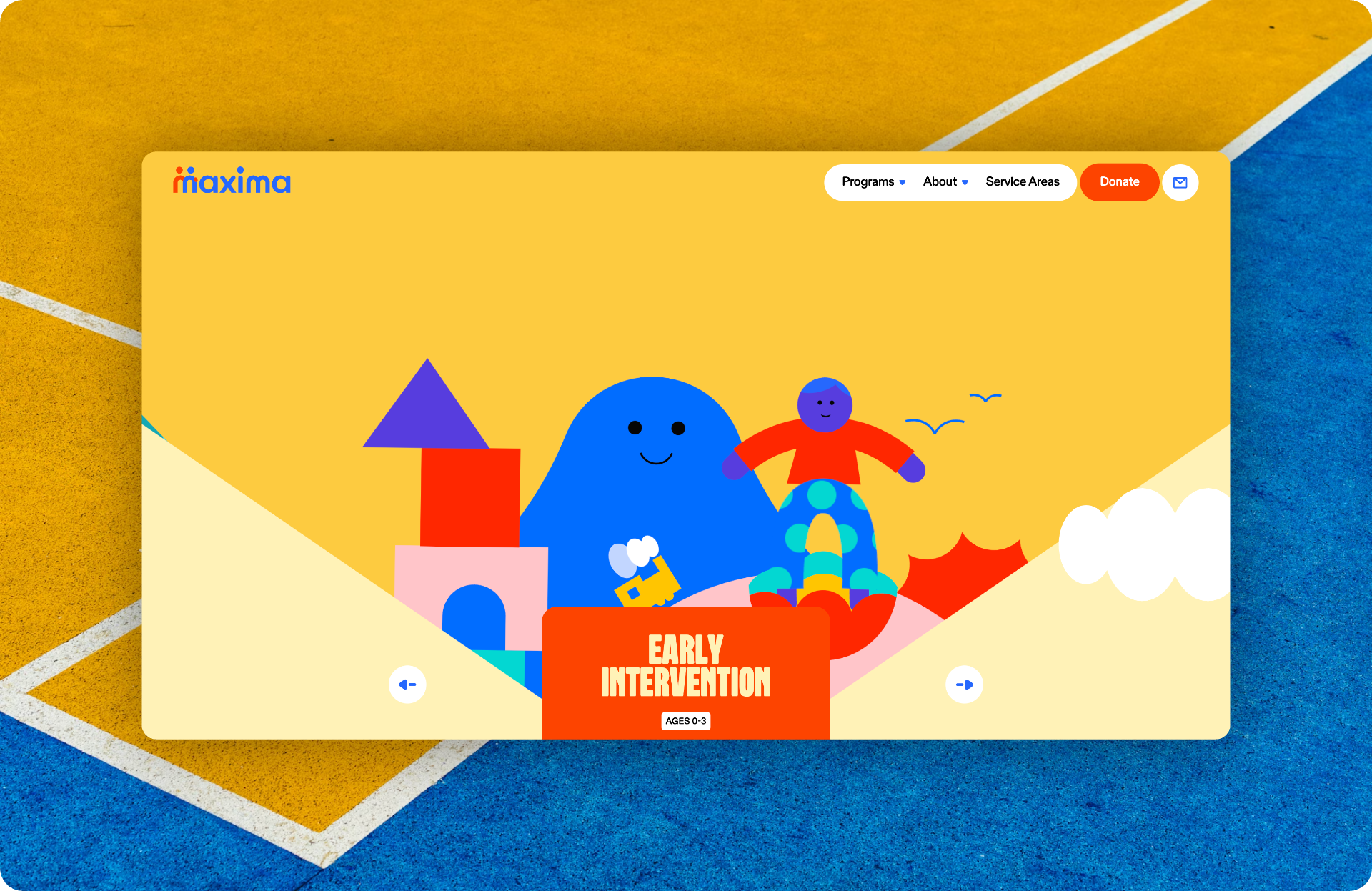 Maxima Early Intervention page on a yellow-and-blue painted background.