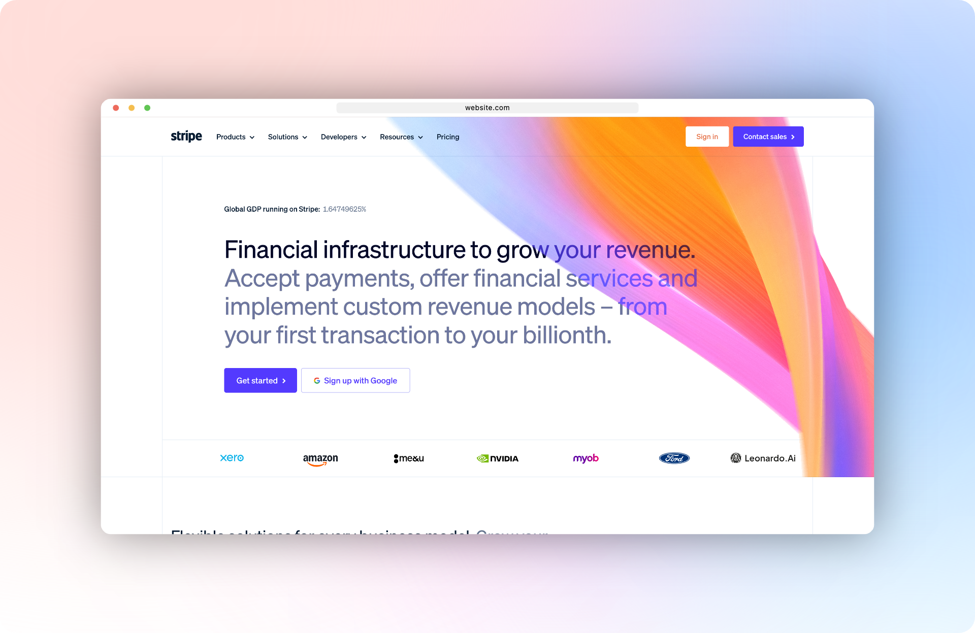 Stripe landing page in a macOS Safari frame on a soft pink-orange-blue gradient.