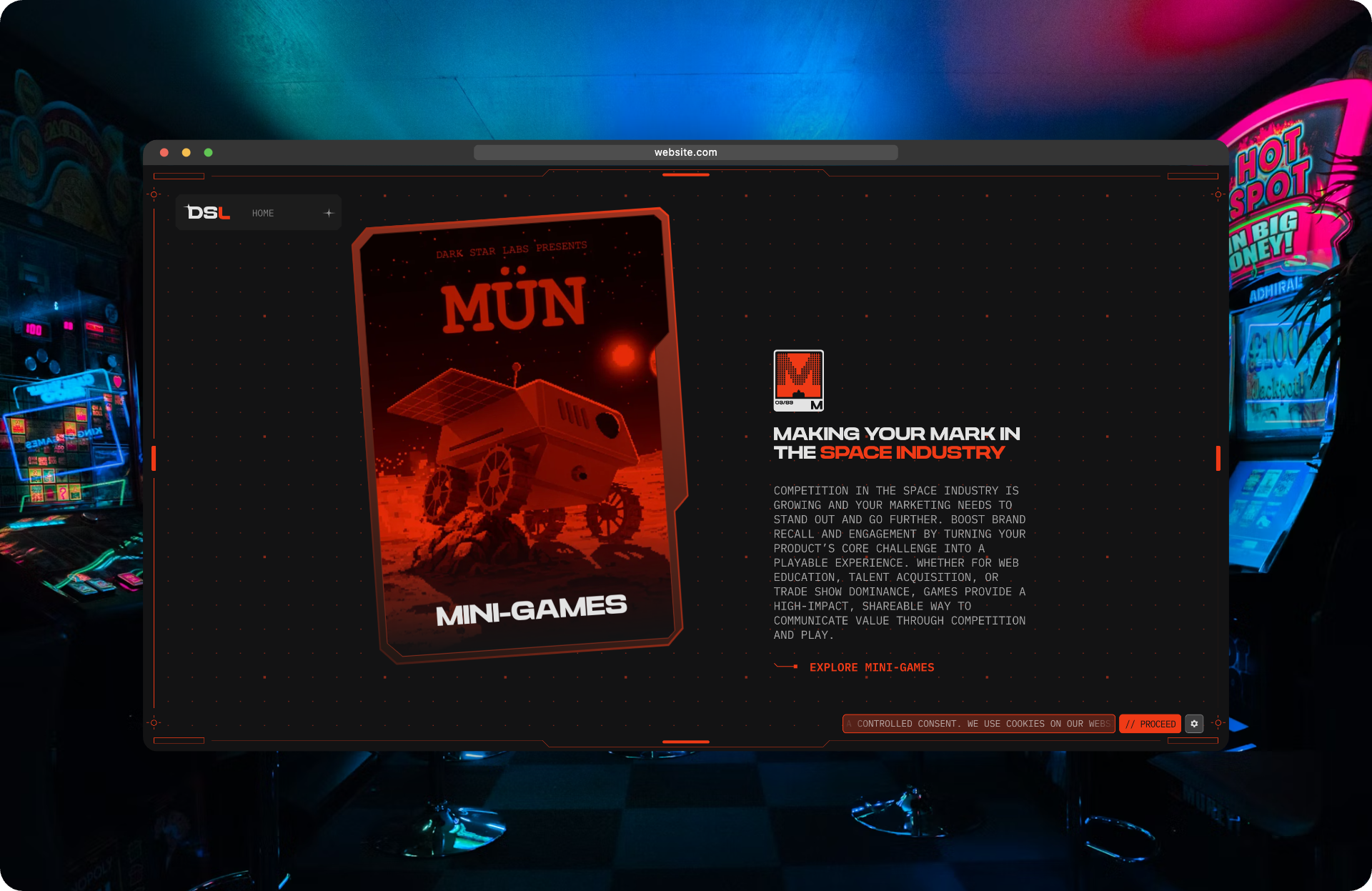 Mun mini-games page in a dark Safari frame on a neon arcade background.